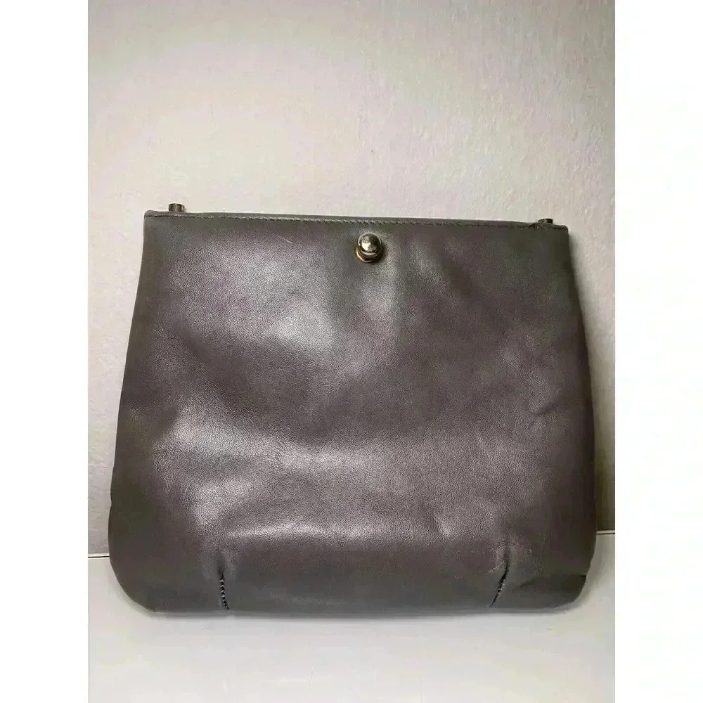 Vintage Ruth Saltz 70s Gray Leather Clutch Bag Silver Tone Lion Emblem No Strap
